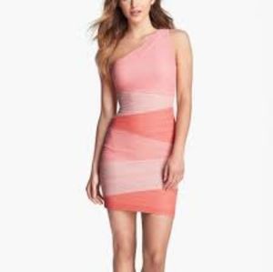 BCBG Max Azria Coral Colorblock KIRA Ruched One Shoulder Bodycon Dress